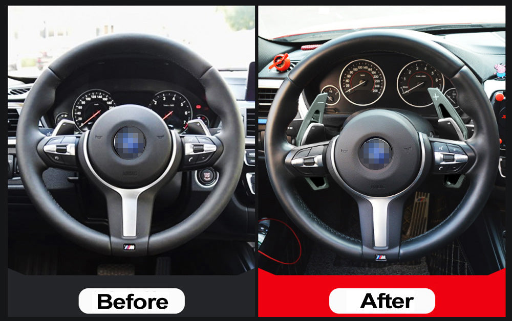 Volante BMW antes y después con el mismo modelo de extensores gris grafito instalado